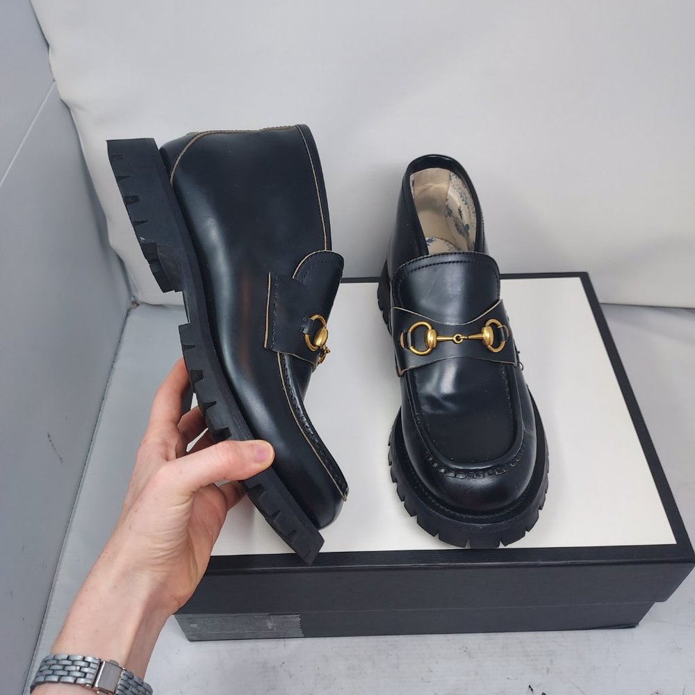 GUCCI Black Leather Lug Sole Horsebit Loafers